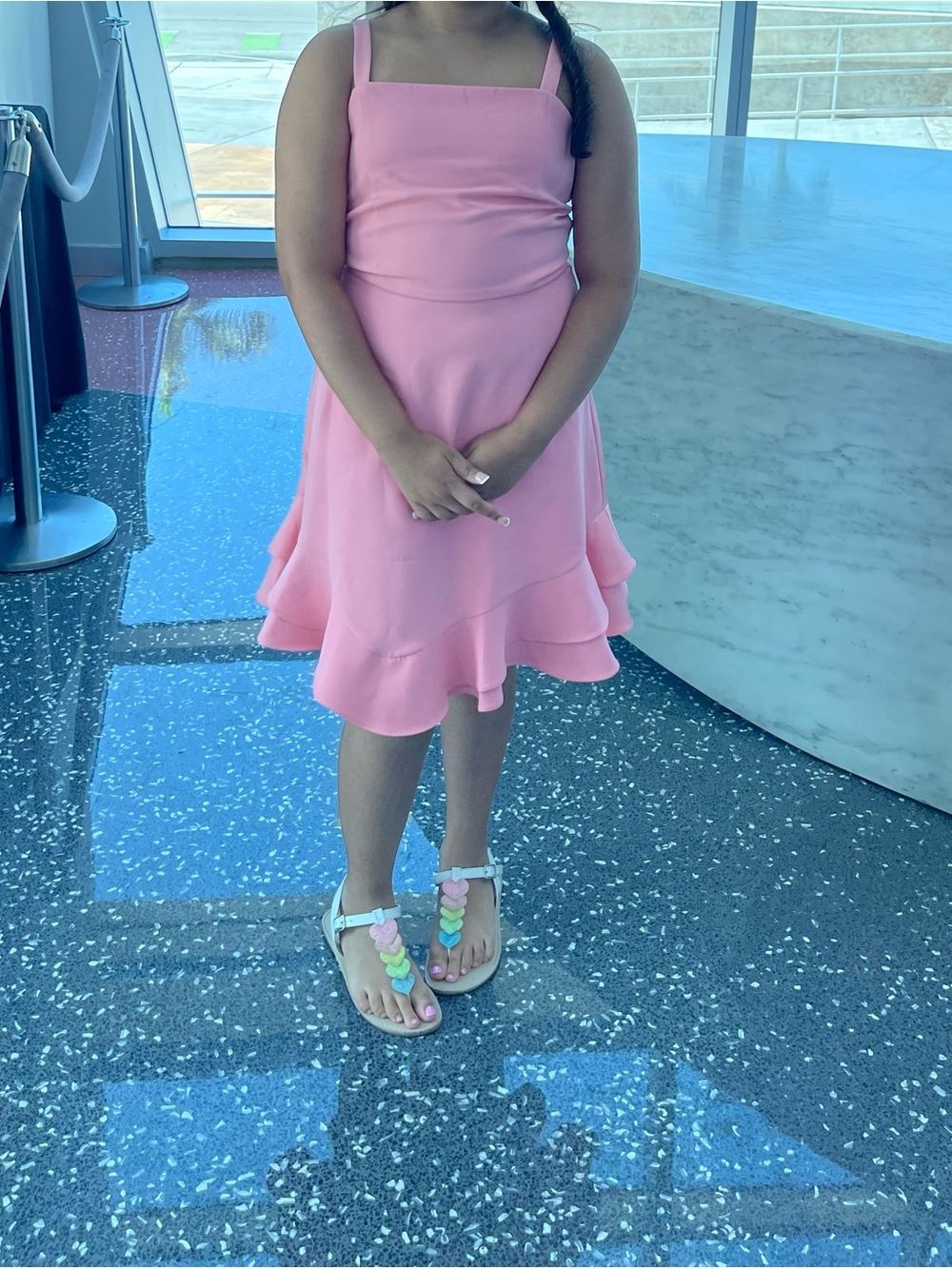 Girls Pink Square Neck Ruffle Hem Dress